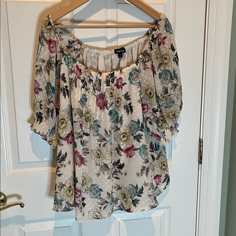 Torrid Floral Off-Shoulder Top with Pink and Blue Accents, coquette, pastel